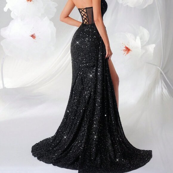 Black Elegant Women's Sequin Off Shoulder Hollow-Out Prom Dress - Picture 2 of 7
